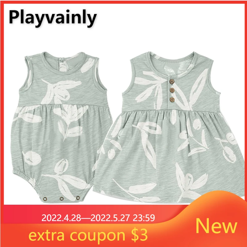 

Summer Family Matching Clothes Sleeveless Yellow Green Pink Coffee Print Vest Dress+Bodysuit Girl Sister Twins Clothing E2713