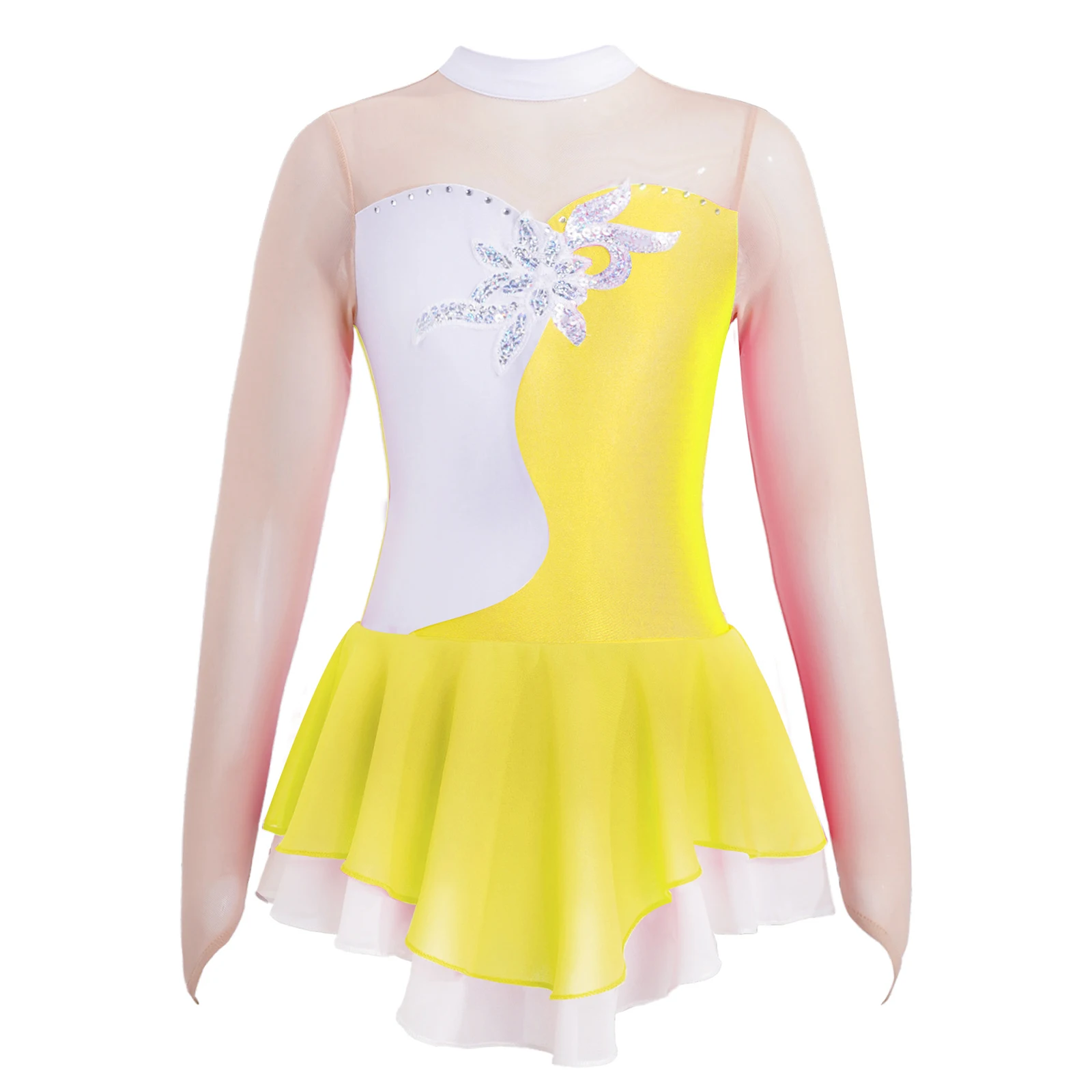 Kids Girls Long Sleeve Rhinestone Figure Skating Dress Patchwork Ballet Gymnastics Dance Leotard Dress Child Performance Clothes