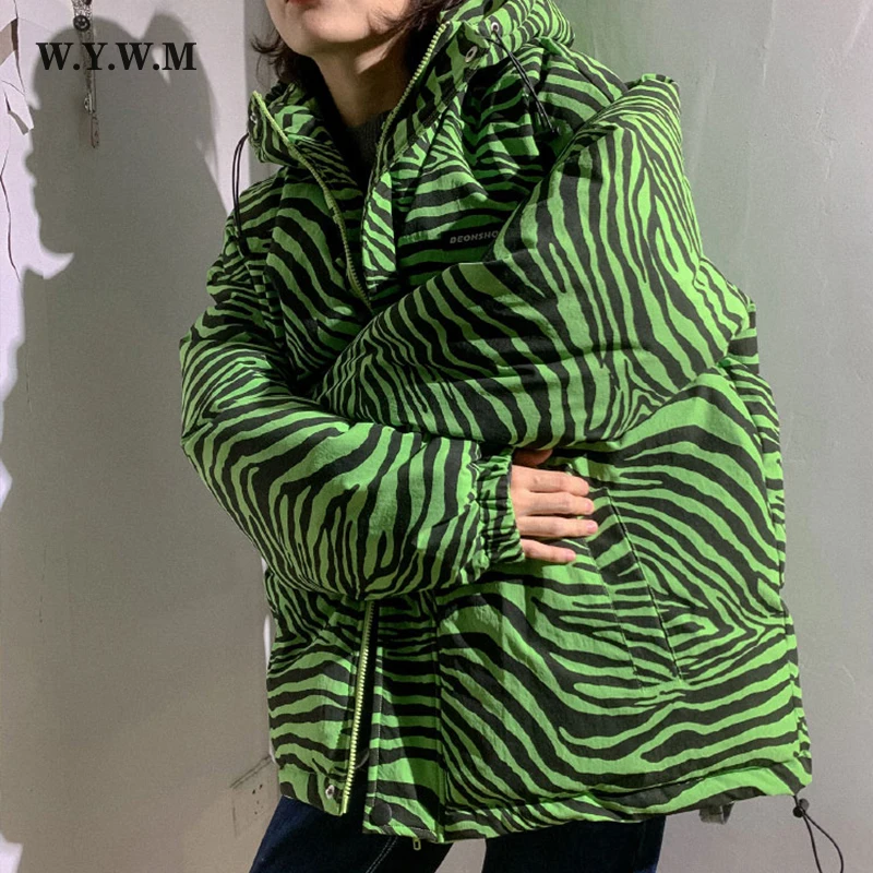 

WYWM 2021 Zebra Striped Hooded Cotton Coat Women Korean Loose Thicken Casual Parkas Couples Streetwear Lazy Oaf Female Jacket