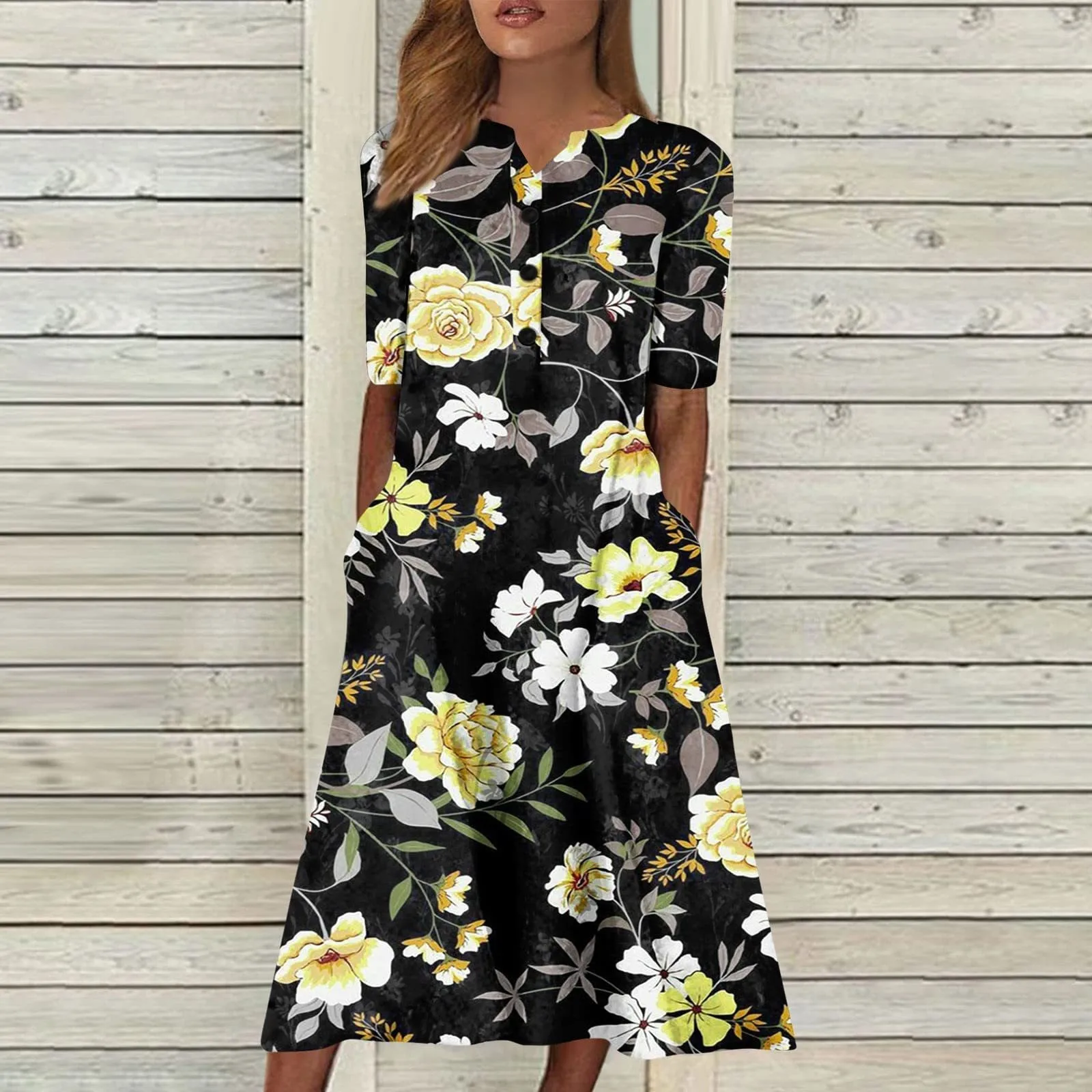 

Women's Casual Printed Short Sleeve Dress Pocket Skirt Long Dress Loose Plain Dresses