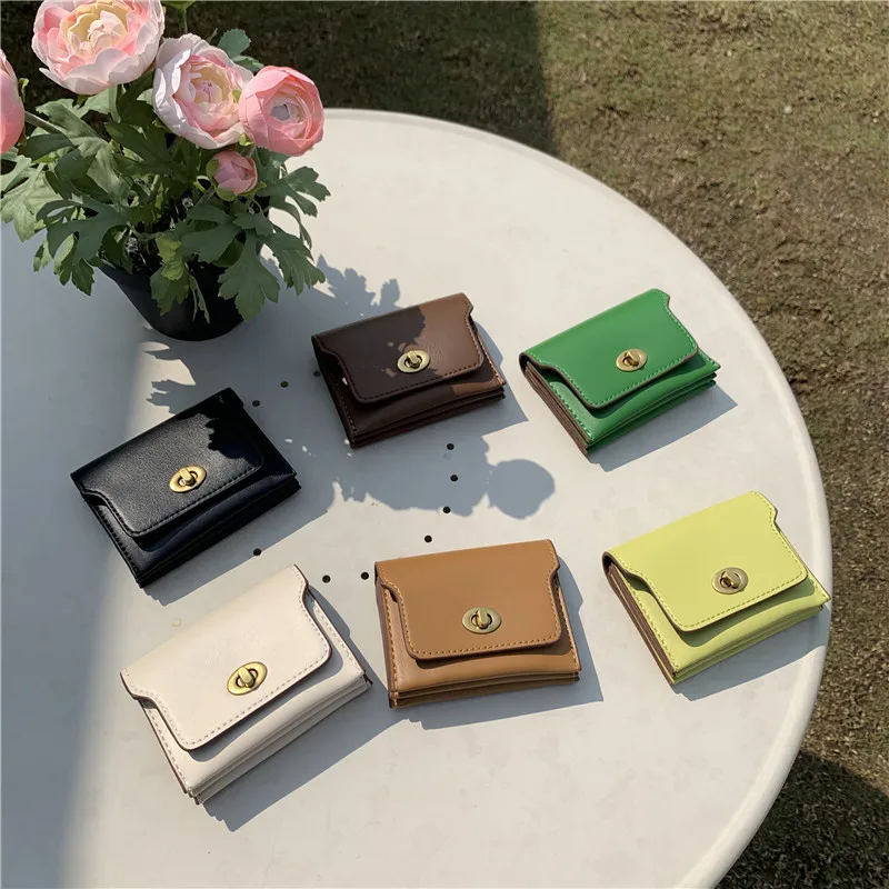 Women Purse Simple Card Case Wallet Small Bag Multi-compartment Lock Mini Hangbag PU Solid Color