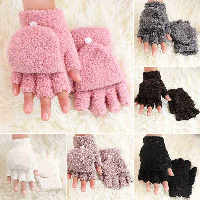 

Winter Soft Coral Fleece Flip Cover Half Finger Gloves Men Women Warmer Mittens