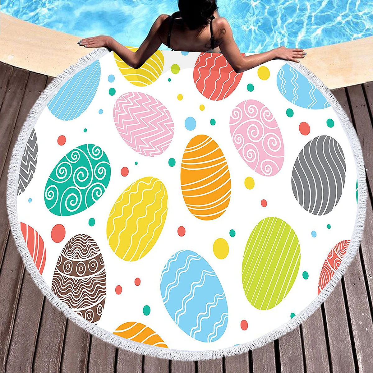 

Круглое пляжное полотенце с пасхальными яйцами, пляжное одеяло, полотенца для бассейна, мягкое водопоглощающее одеяло для пикника с цветными яйцами и полосками для йоги