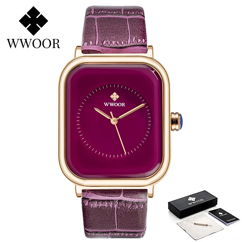 WWOOR Purple Watch For Women Quartz Rectangle Watch Luxury Ladies Dress Wristwatch Leather Casual Female Clock Relogio Feminino