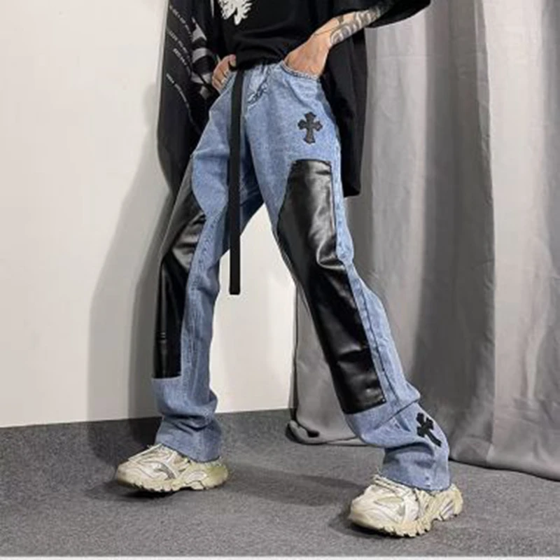 

y2k Jean Color Block Spliced Washed Jeans Mens Oversize Wide Leg Straight Denim Flare Cargo Pants Retro Loose Casual Trousers