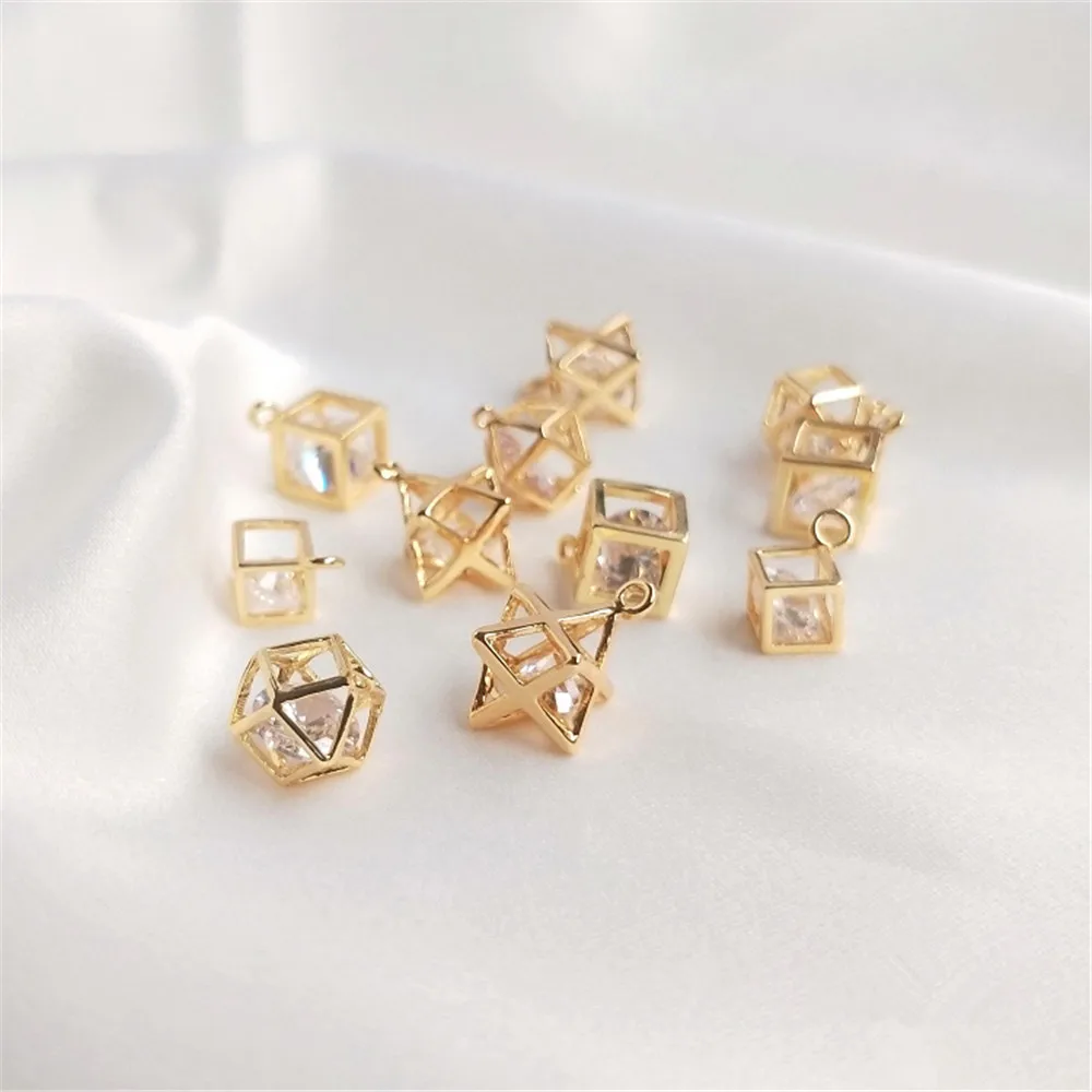 

14K Gold Filled Plated Zircon crystal three-dimensional square pendant smart pendant DIY earpiece necklace pendant