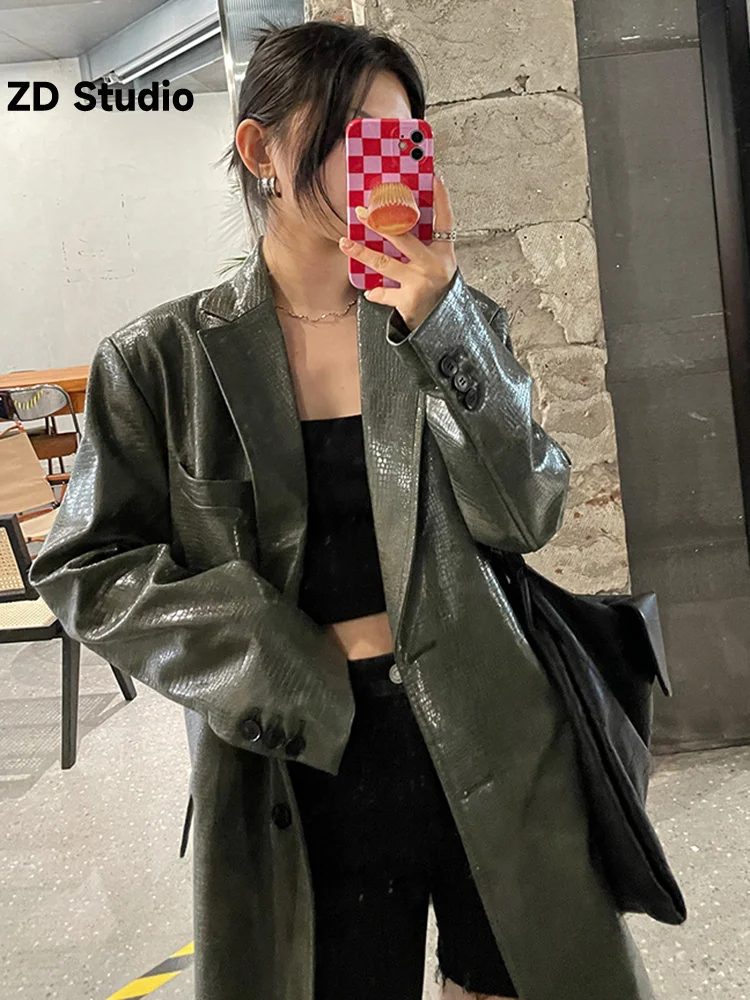 

[ZD Studio] Women Green Pockets PU Leather Size Blazer New Lapel Long Sleeve Jacket Fashion Tide Spring Autumn 2023 1DF5560