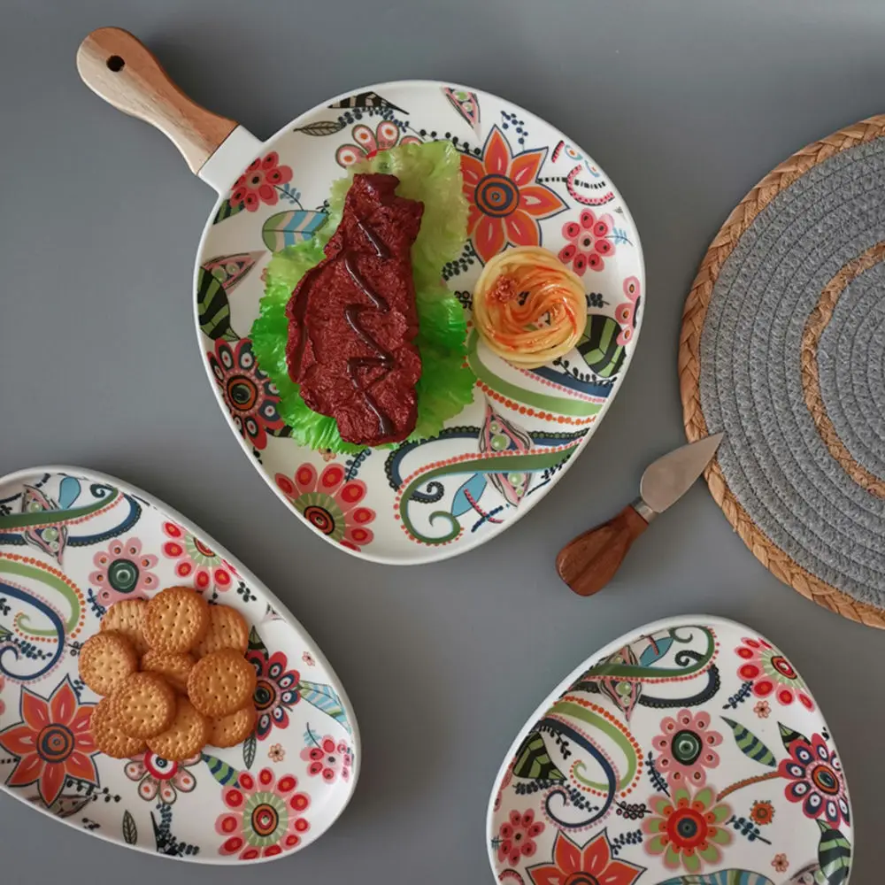 

Керамические обеденные тарелки в скандинавском стиле для стейков, десертов, фруктов, поднос с деревянным цветочным орнаментом, посуда для с...