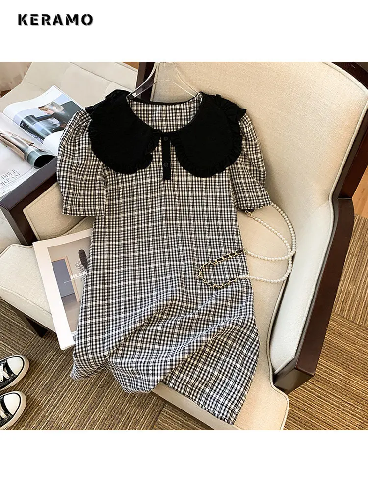 

2023 Summer Vintage Short Sleeve Peter Pan Collar Plaid Mini Dresses Women's Elegant Classic Office Lady A-Line Ladies Dress