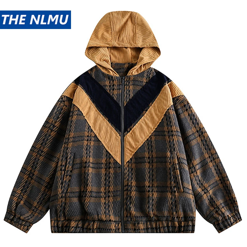 

Куртка мужская клетчатая с капюшоном, составного кроя, осень 2023