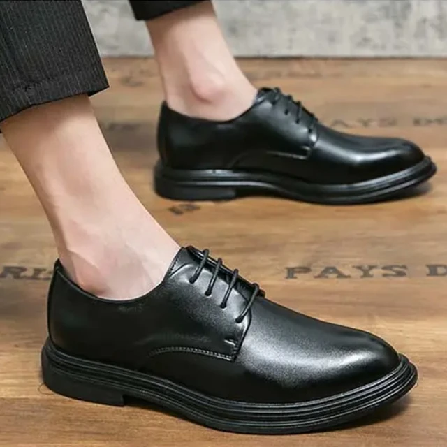 Derby Shoes Men PU Leather Shoes Solid Color Lace-up Thick Bottom Round Head Comfortable Business Dress Shoes 6