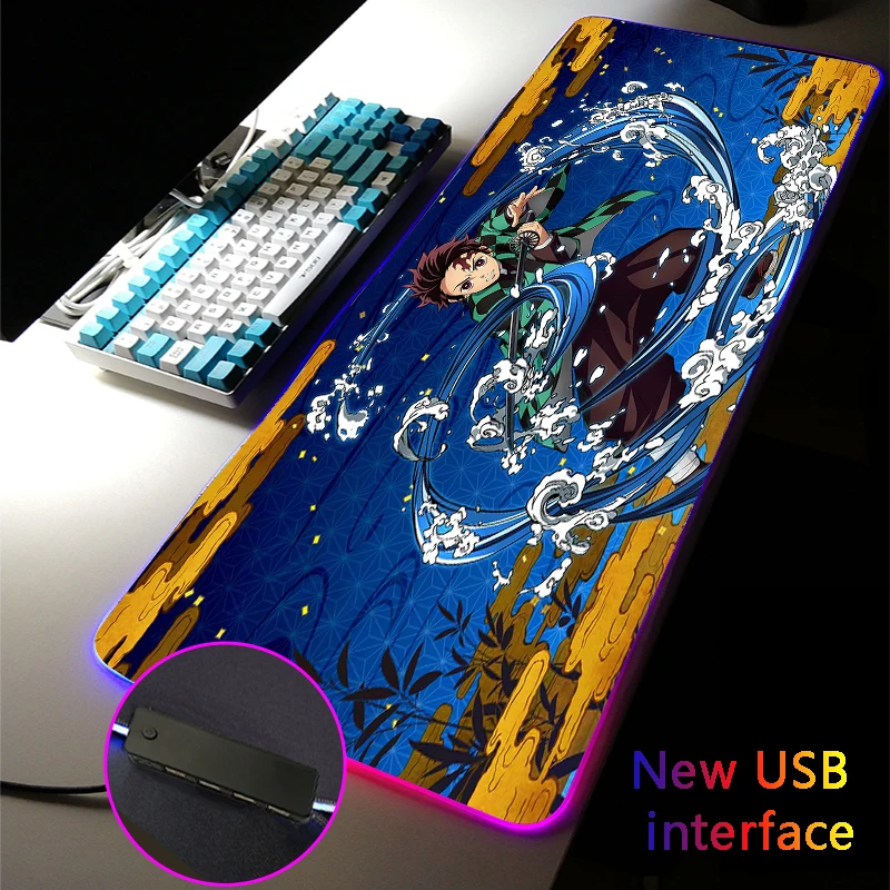 Demon Slayer RGB Mouse Pad Multi-interfac Tanjirou Desk Mats USB Hub Typec Interface Four USB Docking Dock XXL Gaming MousePad