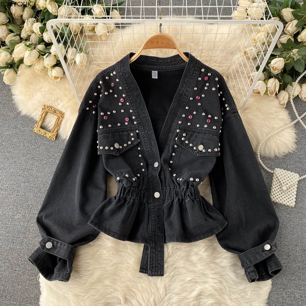 

Hong Kong Style Retro Denim Jacket Female Temperament Single-breasted Heavy Industry Beaded Waist Was Thin And Western Short Top