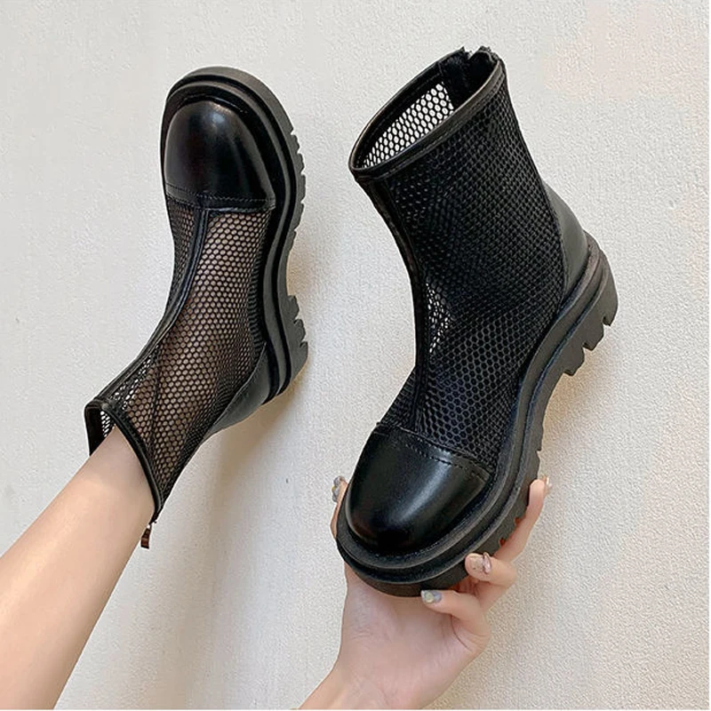 

Martin Boots Women's Summer Breathable Mesh Hollow Sandals 2022 New Muffin Platform Shoes Ankle Boot Bota Feminina Cano Curto