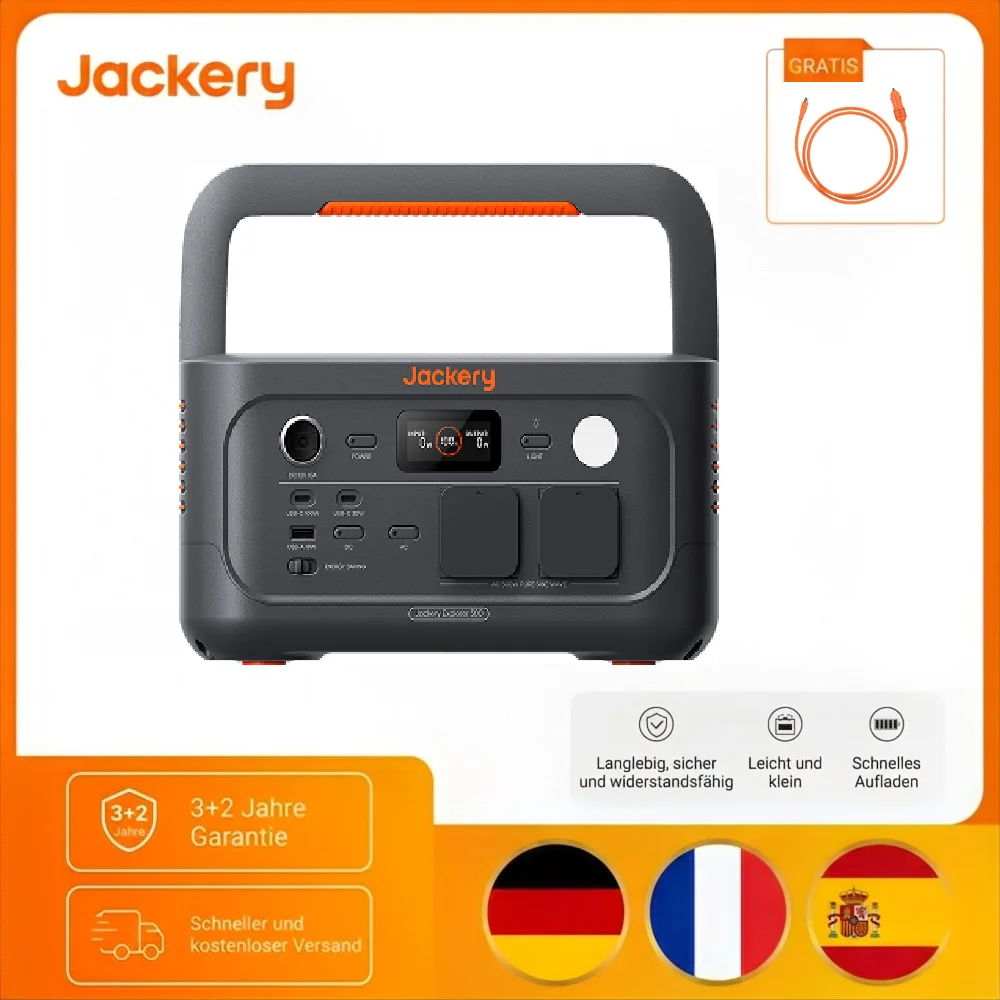 Jackery Explorer 500 V2 Portable Power Station with Car Cable 512Wh Solar Generator 230V/500W (1000W Tip) with Fast Charge LiFePO4 Battery 6000 Cycles Solar Generator for Camping mobile home emergencies, Travel
