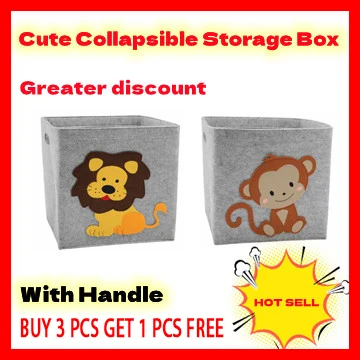 

Cute Collapsible Storage Box With Handle Cube Felt Fabric Bin For Children Toys Organizer Storage Basket Animal Pattern Contain