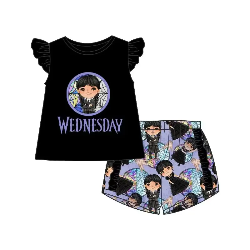 Latest Popular Wednesday Series Summer Girl Short-sleeved Children's Clothing Cartoon Girl Black Printed Shorts Suit