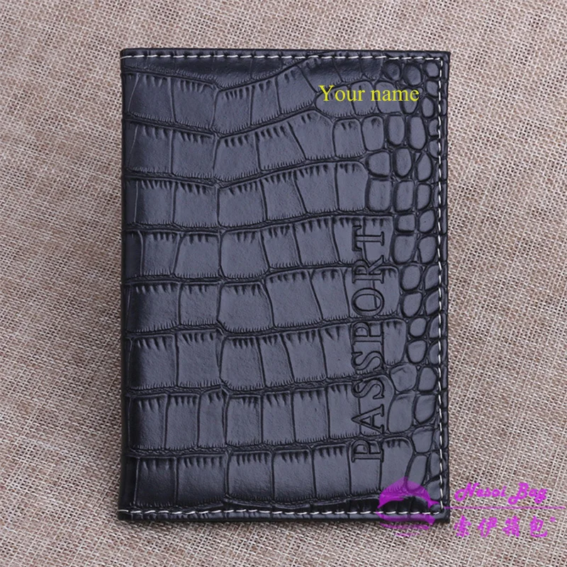 Free Custom Initials Name Crocodile Pattern Passport Holder for Men and Women PU Leather Passport Book Case Protector ID Cover