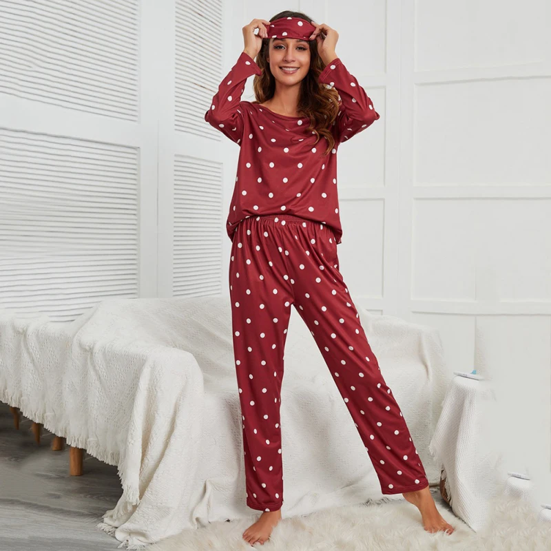 

Pajamas Set Women Classic Round-Neck Long Sleeve Top Loose Long Pants Vintage Polka Dot Bottoms Top Tee Sleepwear Pjs Sets
