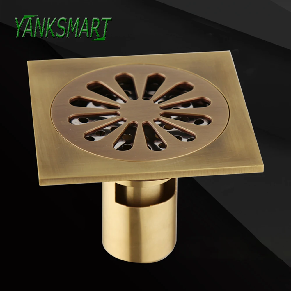 

YANKSMART Euro Antique Brass Floor Drain Bathroom Deodorant 100*100mm Square Floor Drain Strainer Cover Grate Waste