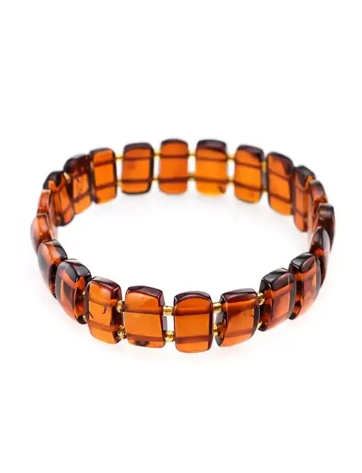 Плоский браслет из натурального балтийского коньячного янтаря и бисера
