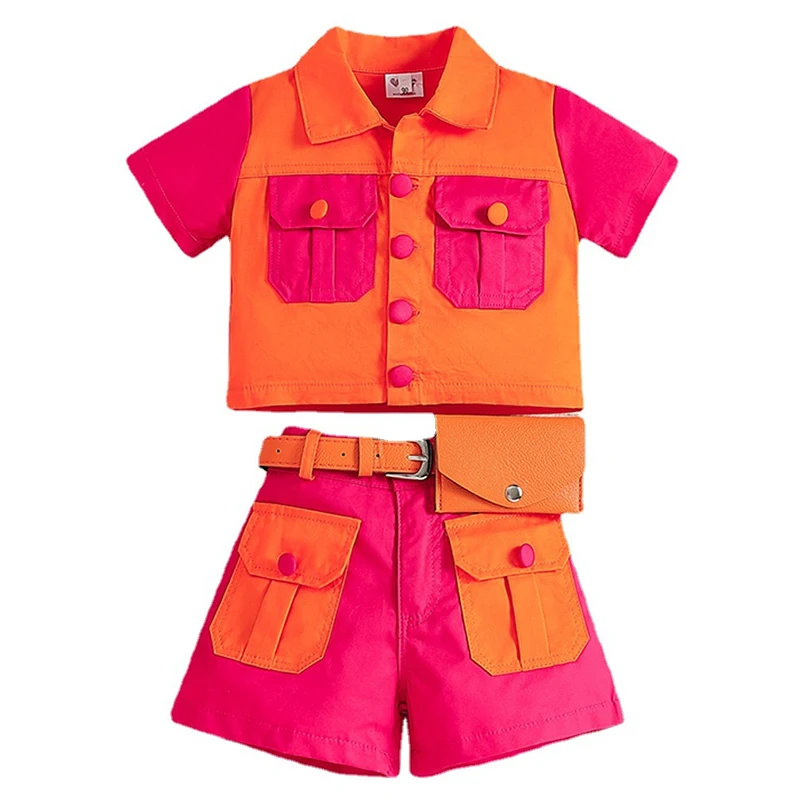 Летняя детская одежда для девочек эксклюзивный наряд модное цветное блочное пальто с коротким рукавом + шорты + Пояс Роскошные комплекты детской одежды BC600