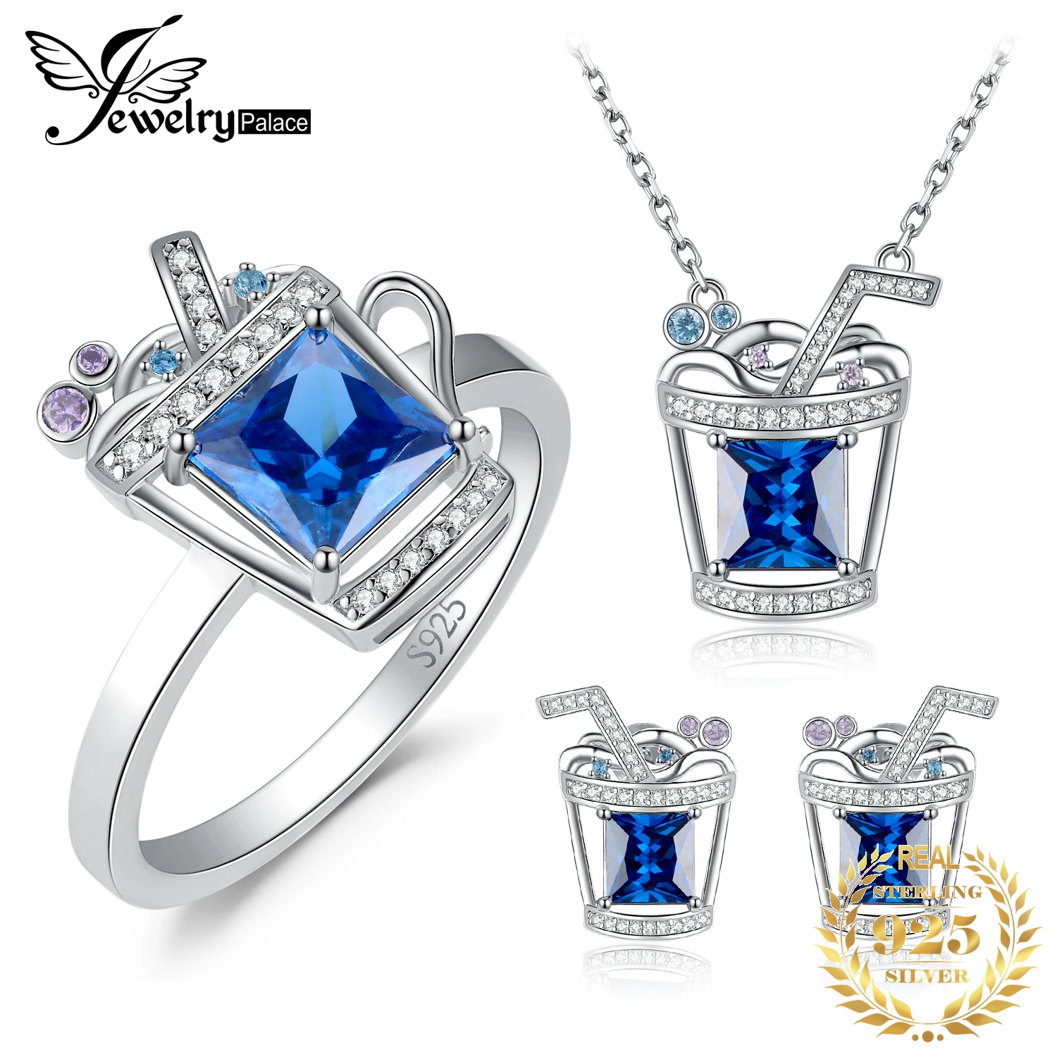 

JewelryPalace Luxury Princess Cut Blue Gemstone 925 Sterling Silver Necklace Earrings Ring Jewelry Set for Woman Fashion Gift