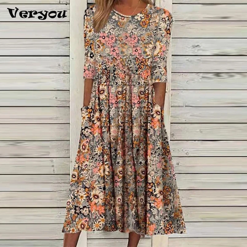 

Casual Round Neck Half Sleeve Summer Dress Vintage Floral Printing Midi Dresses Ladies Fashion Women Office Loose Harajuku Dress