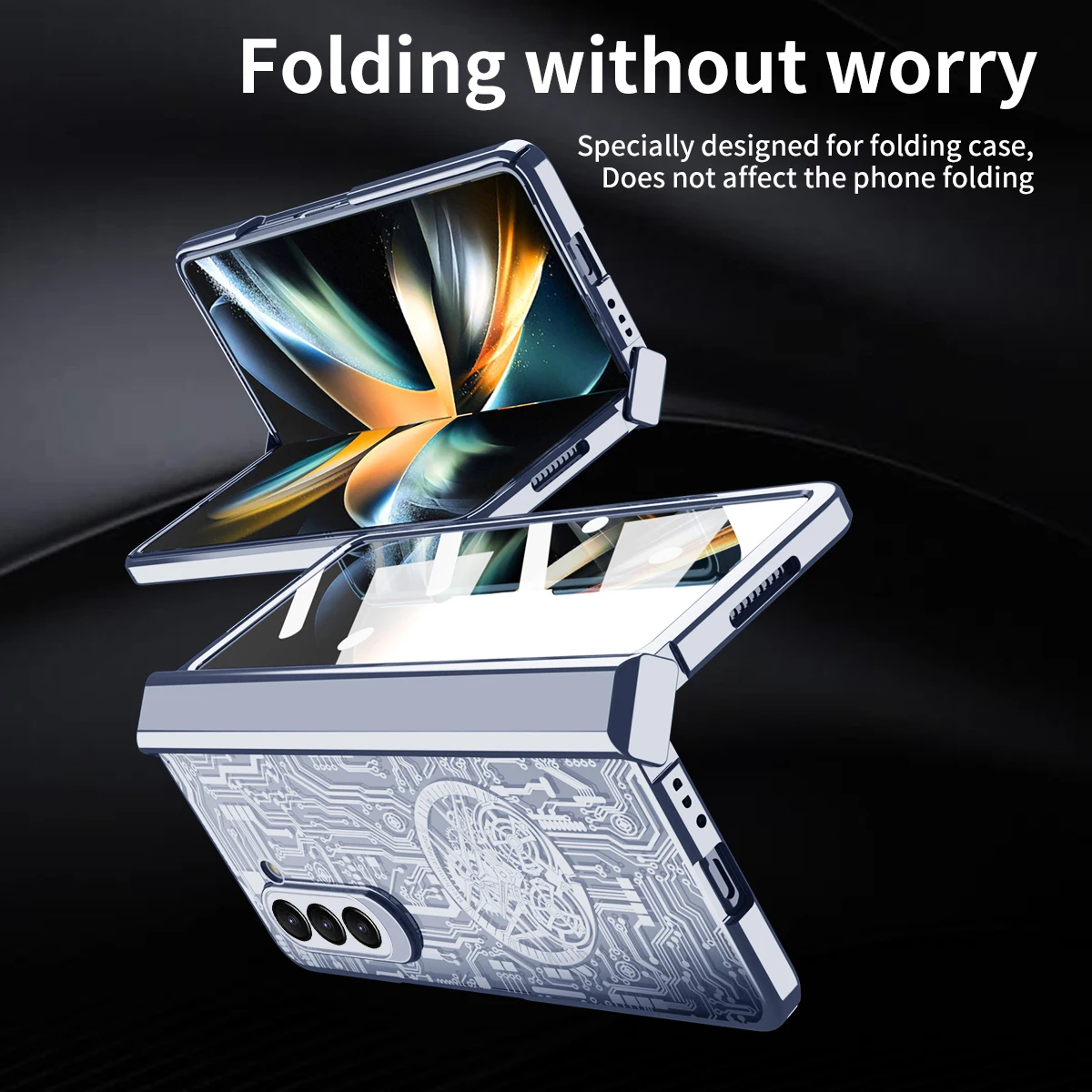For Samsung Galaxy Z Fold 5 Case Electroplated Transparent Mechanical Pattern Folding Hinge With Tempered Film Shockproof Cover