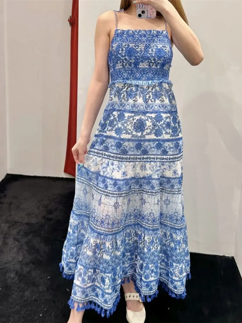 2023 Summer Women Lace-Up Sling Pleated Midi Dress Female Vintage Flower Print Off Shoulder Ethnic Style Elegant Strapless Robes