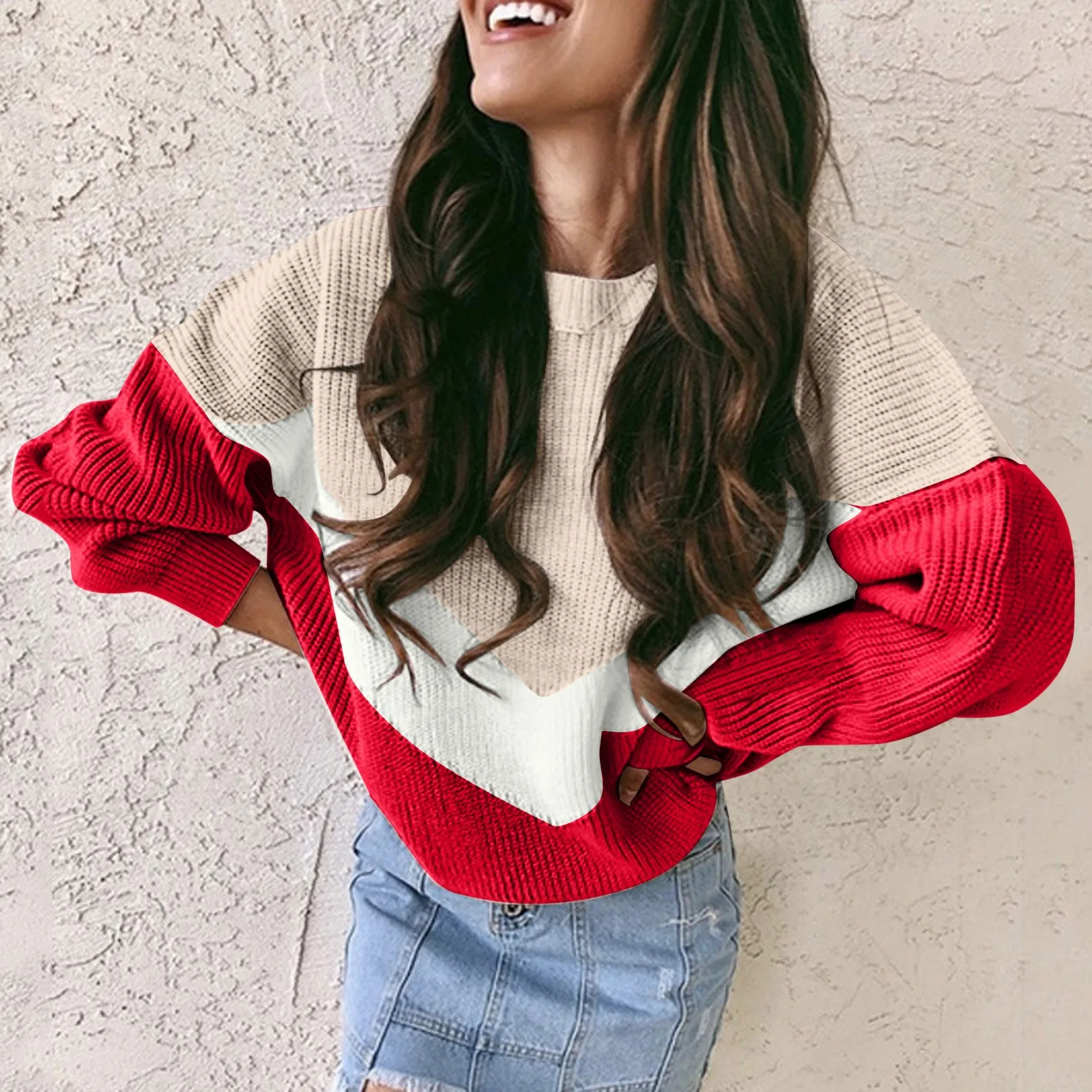 Женский свитер пуловер повседневный с круглым вырезом и длинными рукавами