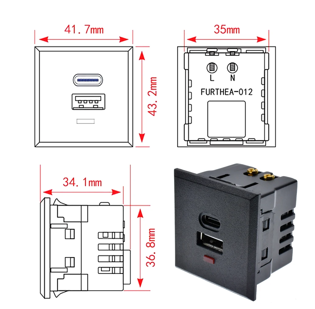 Розетка сетевая с USB + типа C, 5 В, 220 В, со светодиодным индикатором (art.: 3920be656d284) - 3920be656d284