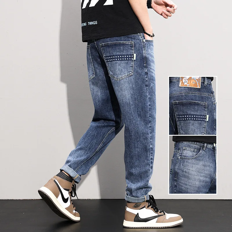 

Streetwear Fashion Men Jeans Retro Blue Elastic Slim Fit Printed Jeans Men Korean Style Vintage Designer Casual Denim Pants