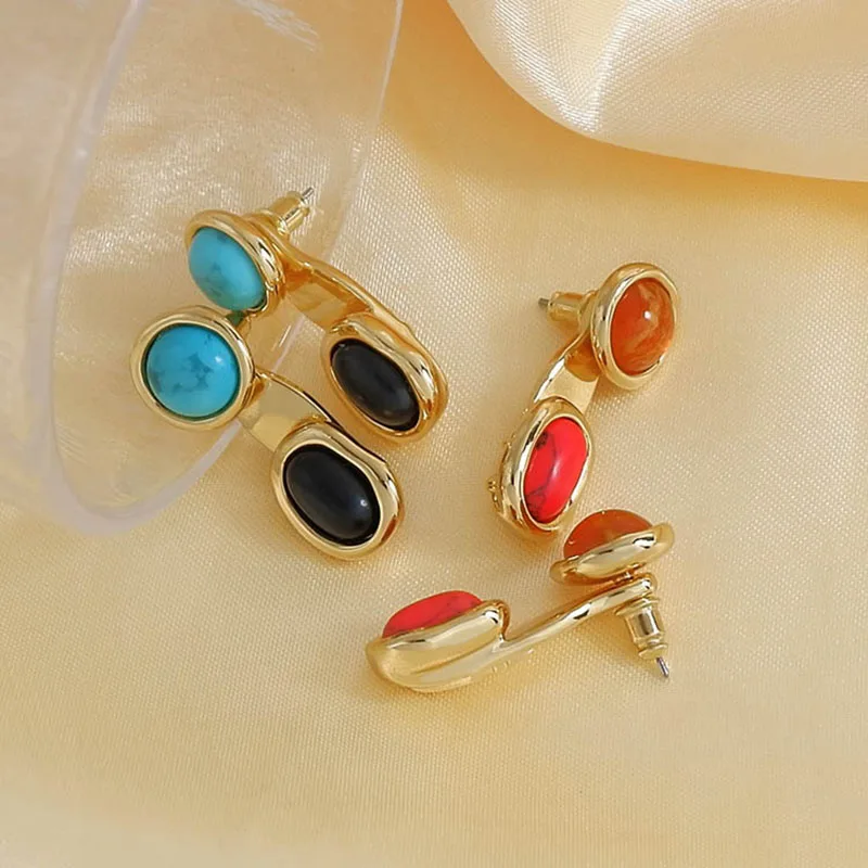 

Vintage Ethnic Natural Tiger Colorful Stone Detachable Stud Earrings Fashion Jewelry Women