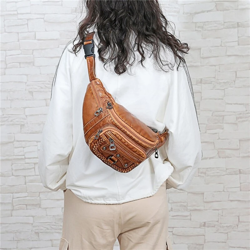 

2023 Vintage Women's Waist Bag PU Leather Zipper Adjustable Ladies Shulder Bag Fashion Cell Phone Holder Female Waist Pack Purse