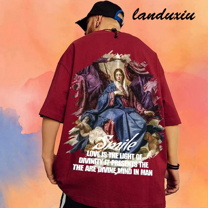 

Landuxiu oversize High Street Tide Brand Oil Painting National Trend Half-Sleeve 8XL Loose Short-Sleeved T-Shirt