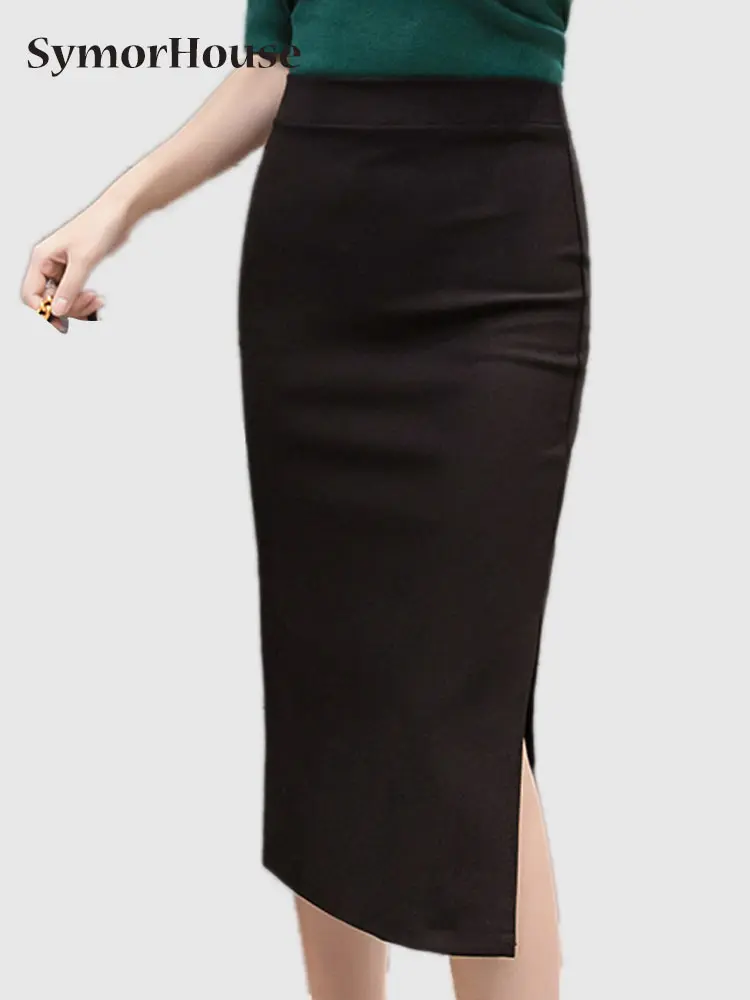 

Женская пикантная длинная юбка, модная черная юбка с высокой талией, повседневные облегающие элегантные красные юбки с открытым разрезом для работы, 2023