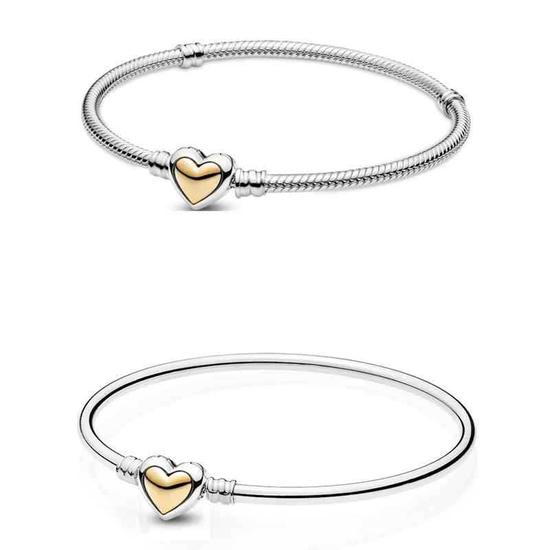 

Authentic 925 Sterling Silver Moments Domed Golden Heart Clasp Snake Chain Bracelet Bangle Fit Bead Charm Diy Fashion Jewelry