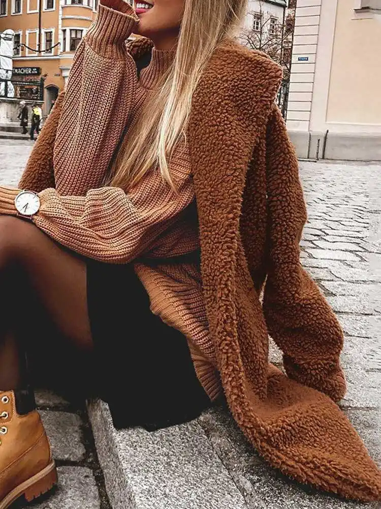 

Celmia повседневные свободные однотонные плюшевые шерстяные пальто 2022 зимние куртки из искусственного меха женские теплые пальто Модная флис...