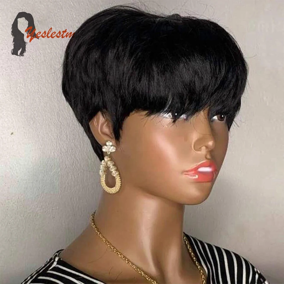 

Pixie Cut Straight Short Human Hair Wigs Remy Perruque Bresillienne for Black Women Machine Made Wigs With Bangs Glueless Wig