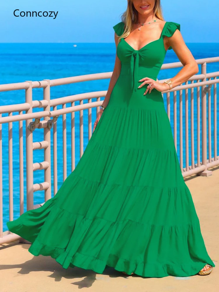 

Women Clothing Maxi Dress Solid Color Butterfly Sleeve Tie Long Skirt Sexy Party Dress Elegant Beach Dresses Women Summer 2022