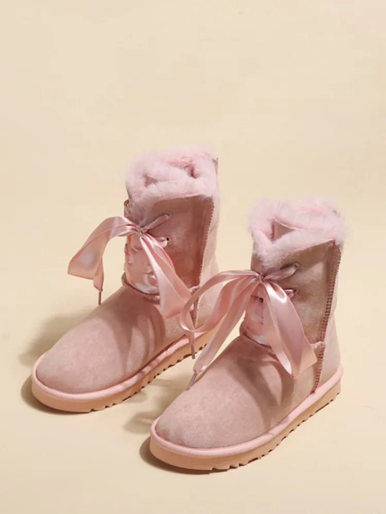 

Winter New Fashion Women's Anti-Skid Snow Boots Pink Ribbon Bowknot Ankle Boots Ladies Warm Furry Thickened Mid-Tube Cotton Shoe