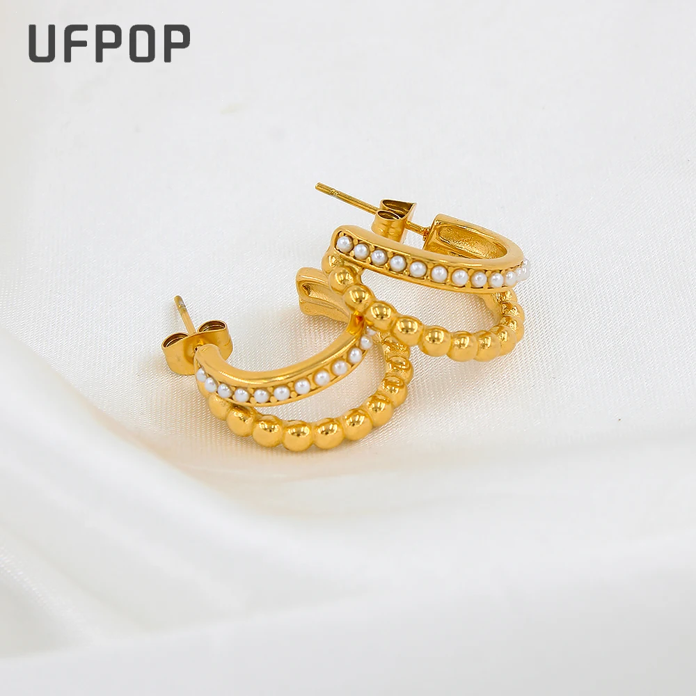 

Luxury Delicate Design Double Layers Pearl Hoop Earrings For Women Gold Plated Stainless Steel Chunky Statement Party Earring