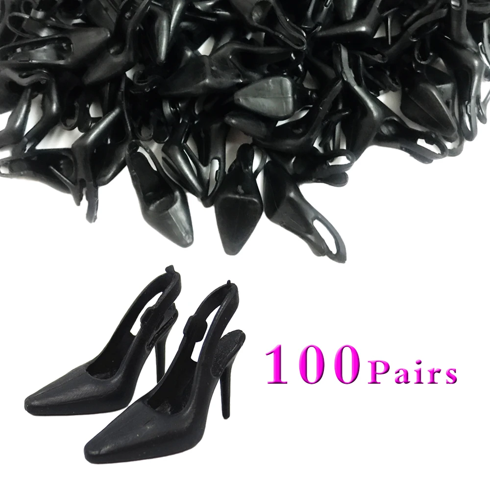 100 Pairs/lot Black High Heel Doll Shoes For Barbie Shoes Sandals Princess Foot Wear 1/6 Dolls Accessories Baby Toys