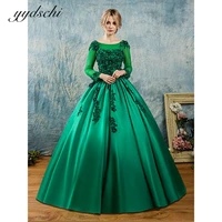 2022 green long sleeves o neck prom dresses appliques beading luxury evening dress elegant satin lace up party gown for women