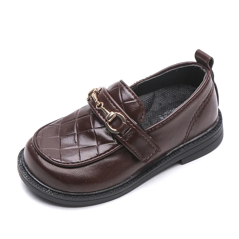 

Retro Britain Boys Leather Black Shoes New Rhombus Fashion Versatile Girl Metal Soft Spring Breathable Non-slip Children Loafers