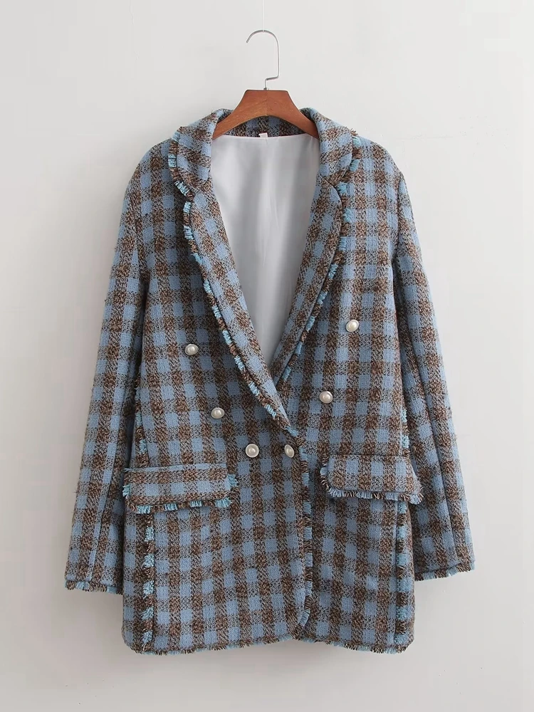 Women Blue Tassel Tweed Double Breasted Blazer Coat Long Sleeve Flap Pockets Female Suit