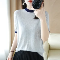 wool knitted color blocking short sleeved womens 2022 new summer mid sleeve slimming design niche t shirt bottoming shirt top
