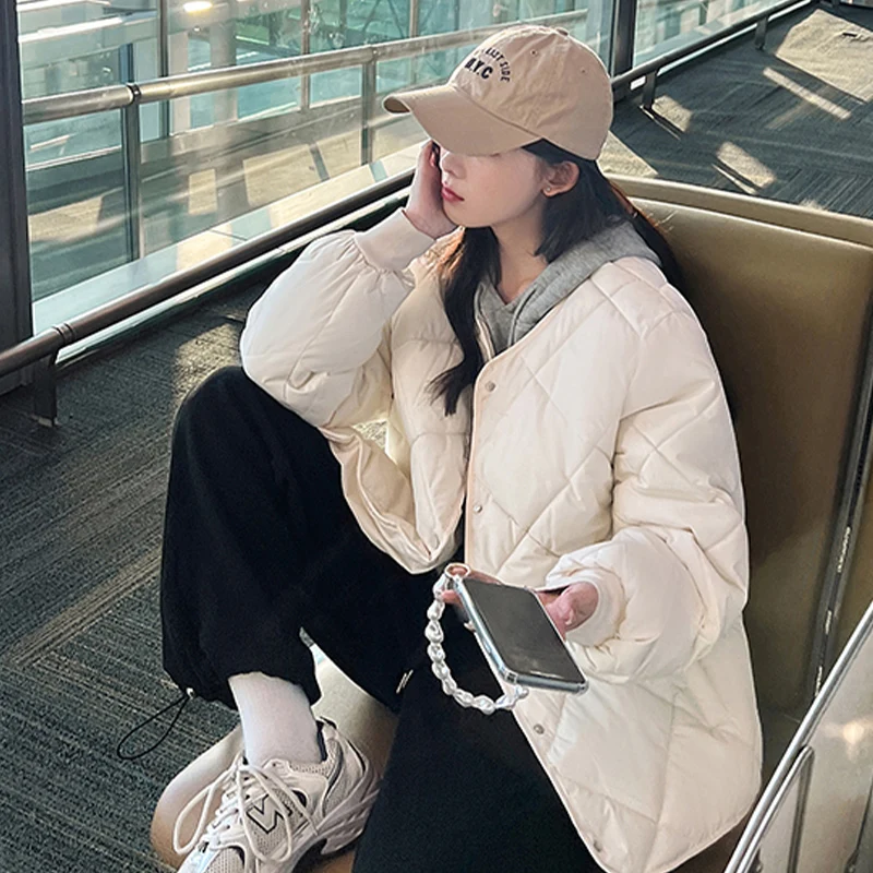 Winter New Rhombus Plaid Cotton Coat Loose Fashion Solid Women's Single Breasted Warm Parka Casual Long Sleeve Fleece Jacket