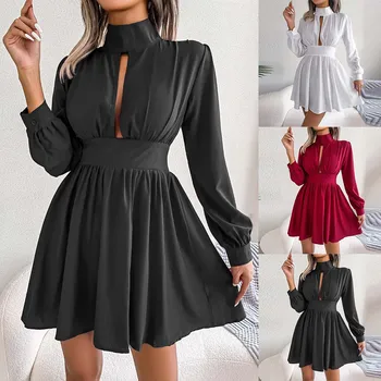 Elegant Women's Dresses For Party 2022 Autumn And Winter Dresses Fashion Sexy Dress Hollow Waist Long-sleeved Large Swing Dress 1